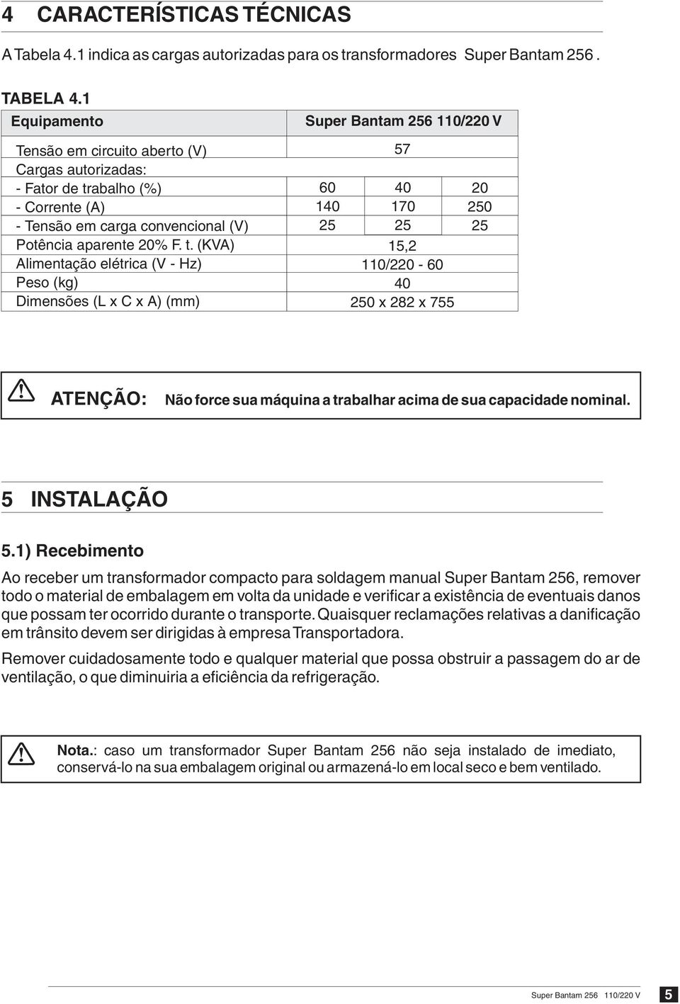 abalho (%) - Corrente (A) - Tensão em carga convencional (V) Potência aparente 0% F. t.