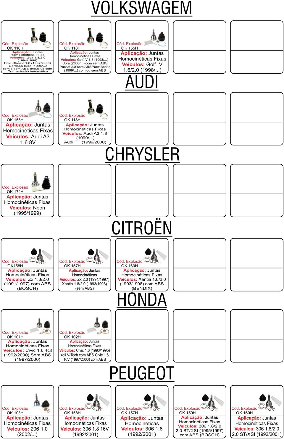 ..) Audi TT (1999/2000) CHRYSLER OK 172H Veículos: Neon (1995/1999) CITROËN OK158H Veículos: Zx 1.8/2.0 (1991/1997) com ABS (BOSCH) OK 157H Veículos: Zx 2.0 (1991/1997) Xantia 1.8/2.0 (1993/1998) (sem ABS) OK 160H Veículos: Xantia 1.