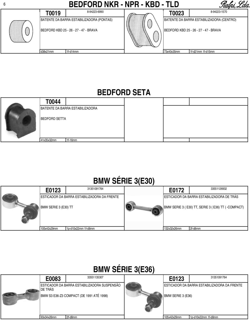 33551126932 BMW SERIE 3 ( E30) TT, SERIE 3 ( E36) TT ( -COMPACT) 105x42x29mm 1p-d10x22mm 1f-d8mm 132x32x26mm 2f-d8mm E0083 BMW SÉRIE 3(E36) 33551135307 ESTICADOR