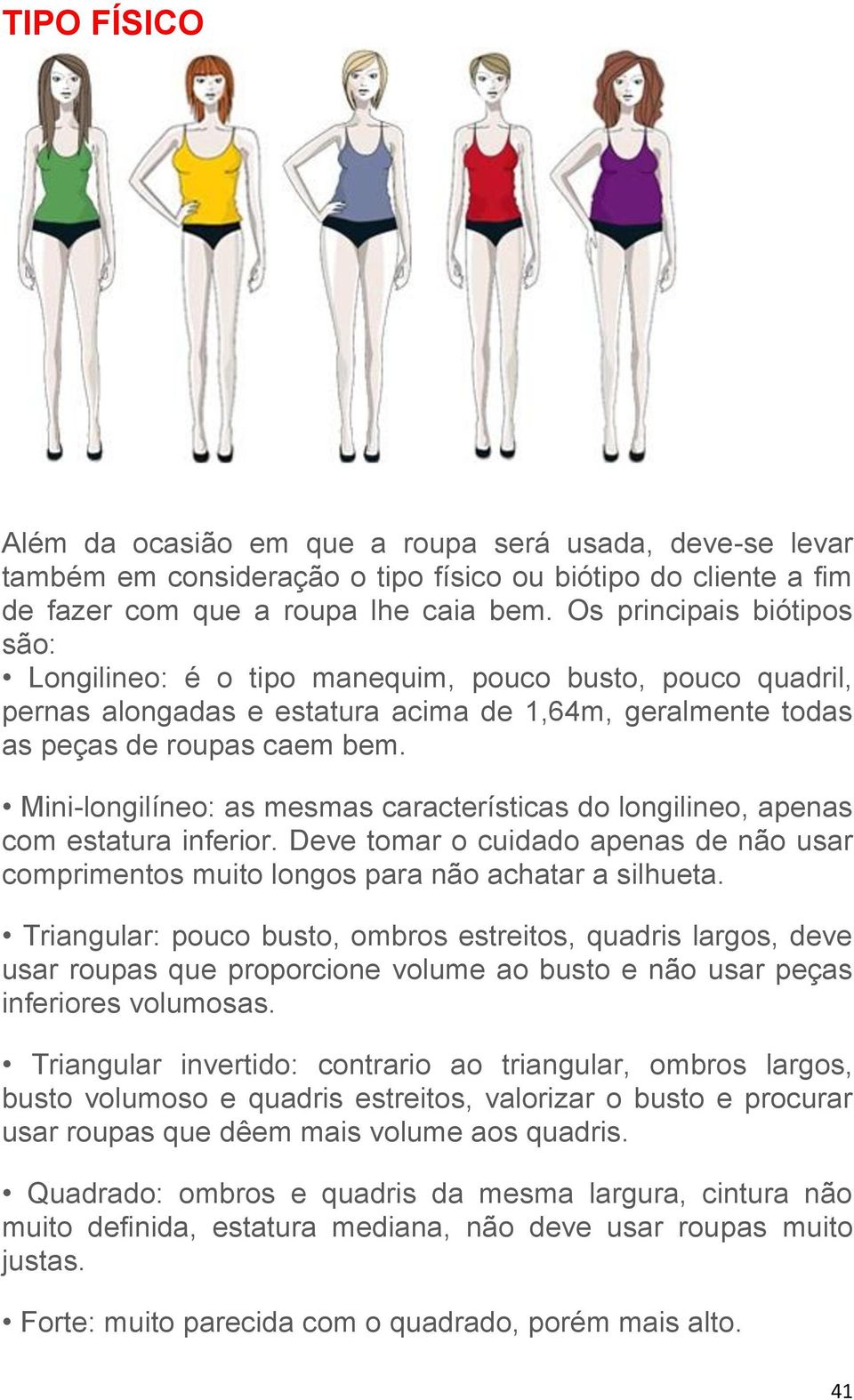 Mini-longilíneo: as mesmas características do longilineo, apenas com estatura inferior. Deve tomar o cuidado apenas de não usar comprimentos muito longos para não achatar a silhueta.