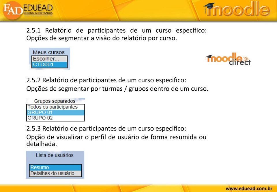 2 Relatório de participantes de um curso especifico: Opções de segmentar por turmas /