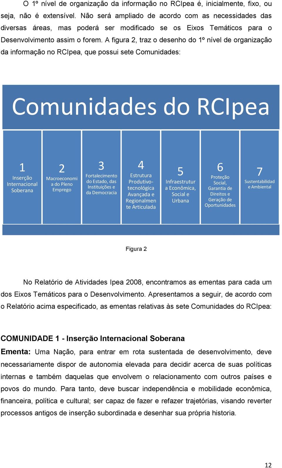 A figura 2, traz o desenho do 1º nível de organização da informação no RCIpea, que possui sete s: s do RCIpea 1 Inserção Internacional Soberana 2 Macroeconomi a do Pleno Emprego 3 Fortalecimento do