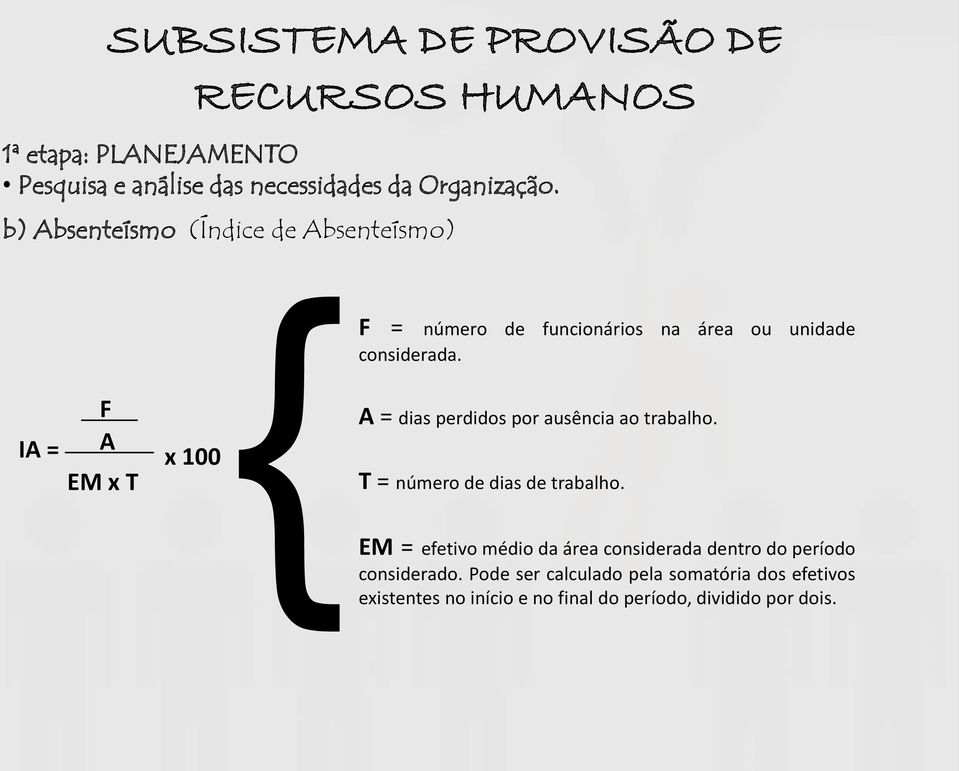 IA = F A EM x T x 100 A = dias perdidos por ausência ao trabalho. T = número de dias de trabalho.