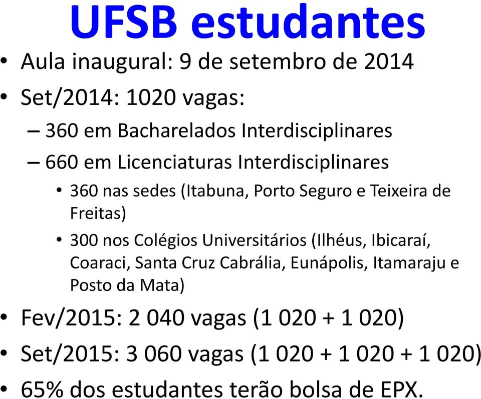 Freitas) 300 nos Colégios Universitários (Ilhéus, Ibicaraí, Coaraci, Santa Cruz Cabrália, Eunápolis, Itamaraju e