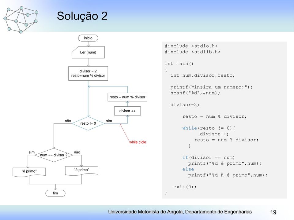 não é primo é primo resto = num % divisor divisor ++ sim while cicle printf( insira um numero:");