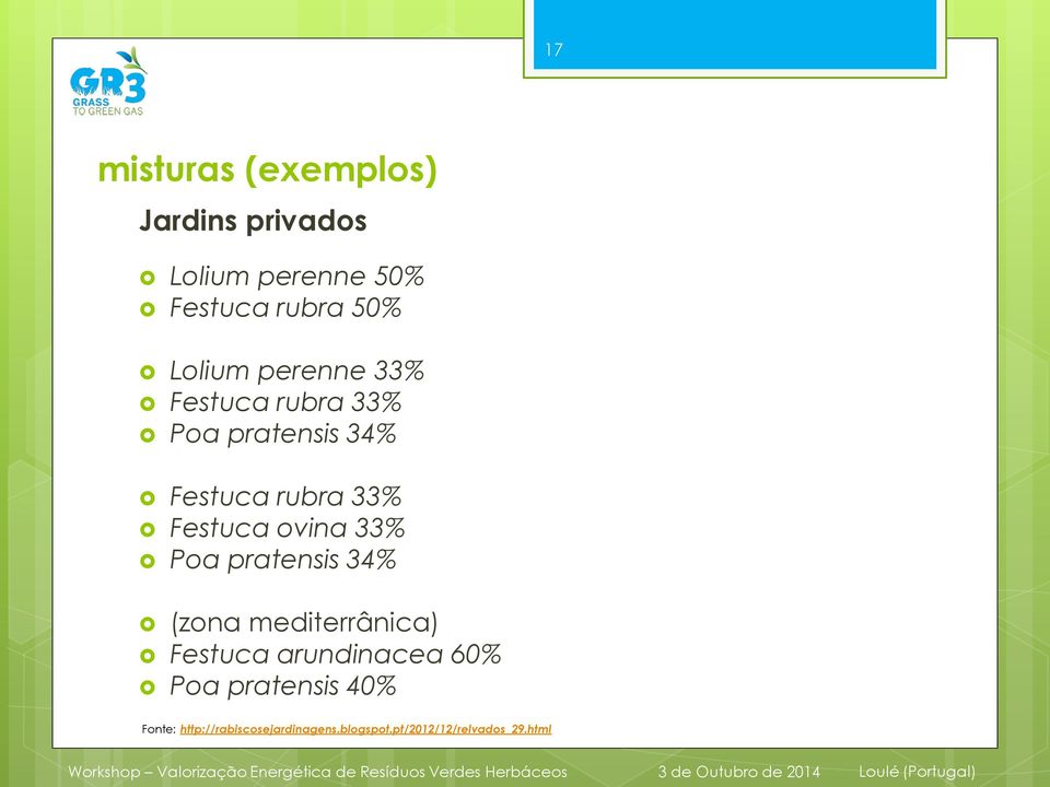Festuca ovina 33% Poa pratensis 34% (zona mediterrânica) Festuca arundinacea