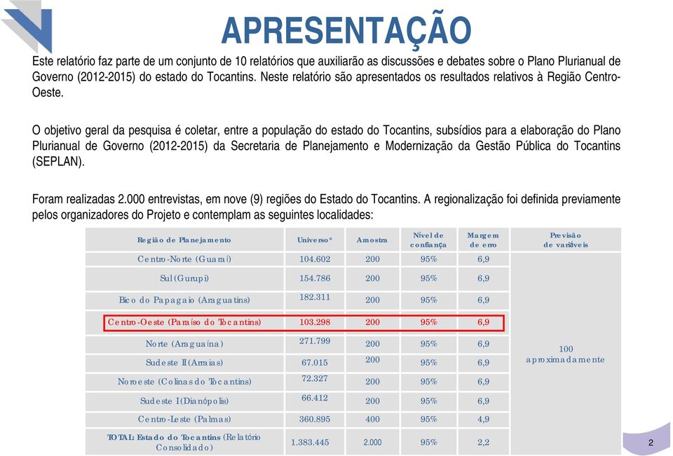 O objetivo geral da pesquisa é coletar, entre a população do estado do Tocantins, subsídios para a elaboração do Plano Plurianual de Governo (2012-2015) da Secretaria de Planejamento e Modernização