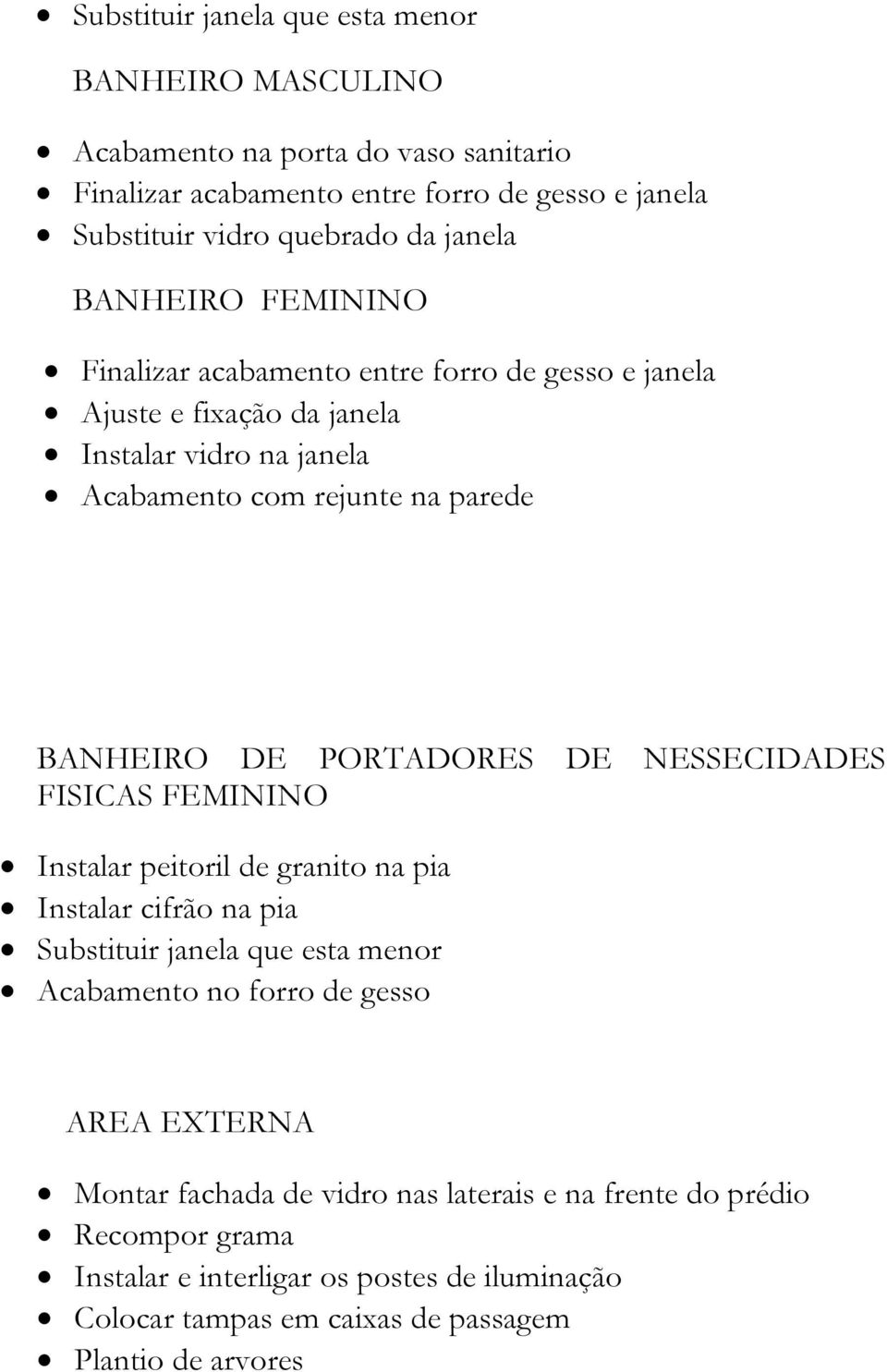 PORTADORES DE NESSECIDADES FISICAS FEMININO Instalar peitoril de granito na pia Instalar cifrão na pia Substituir janela que esta menor Acabamento no forro de gesso AREA