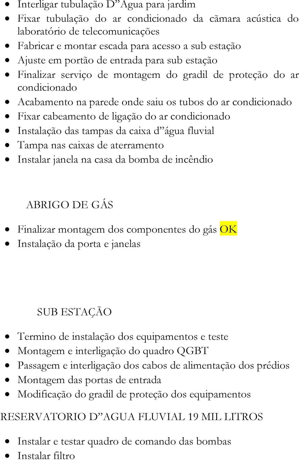 condicionado Instalação das tampas da caixa d água fluvial Tampa nas caixas de aterramento Instalar janela na casa da bomba de incêndio ABRIGO DE GÁS Finalizar montagem dos componentes do gás OK