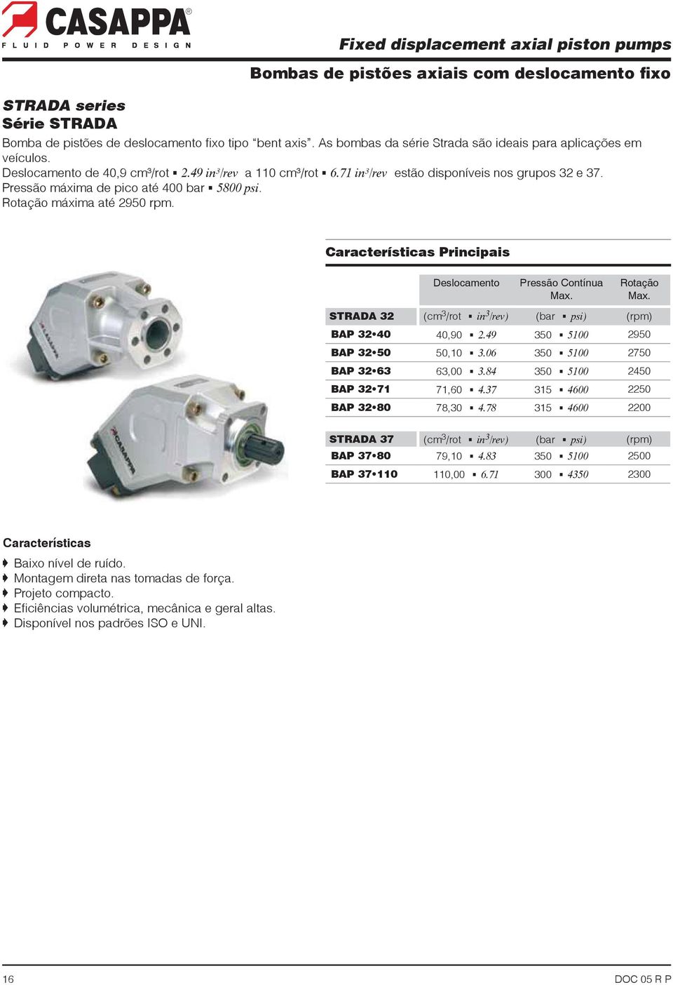 Pressão Contínua Rotação STRADA 32 (cm 3 /rot G (bar G (rpm) 40,90 G 350 G 2950 50,10 G 350 G 2750 63,00 G 350 G 2450