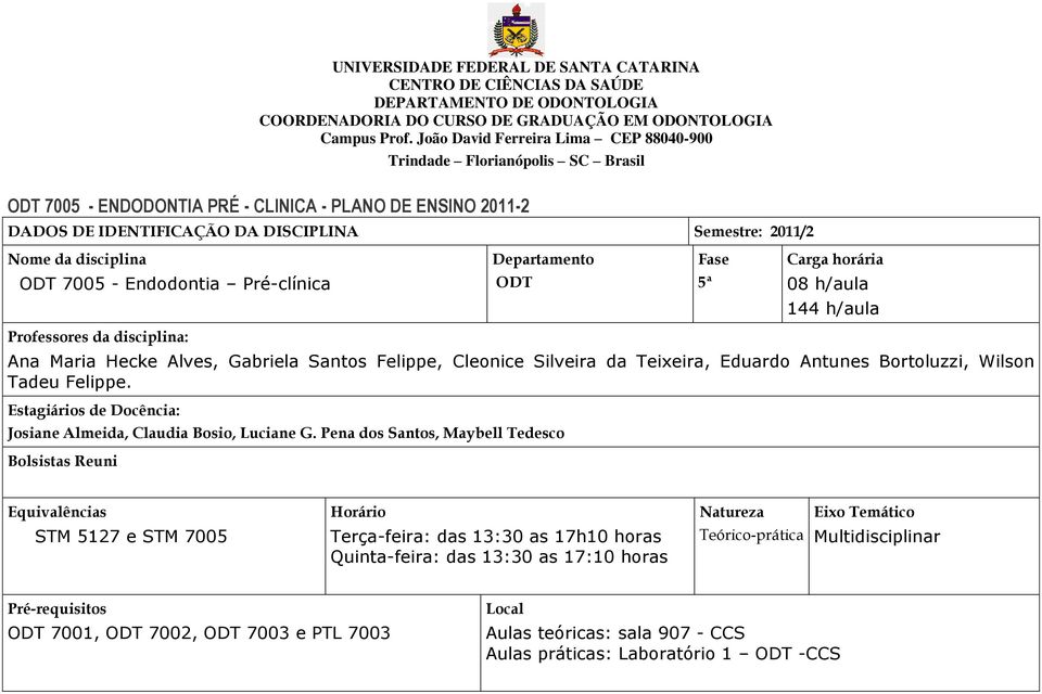 disciplina Departamento Fase Carga horária ODT 7005 - Endodontia Pré-clínica ODT 5ª 08 h/aula 1 h/aula Professores da disciplina: Ana Maria Hecke Alves, Gabriela Santos Felippe, Cleonice Silveira da