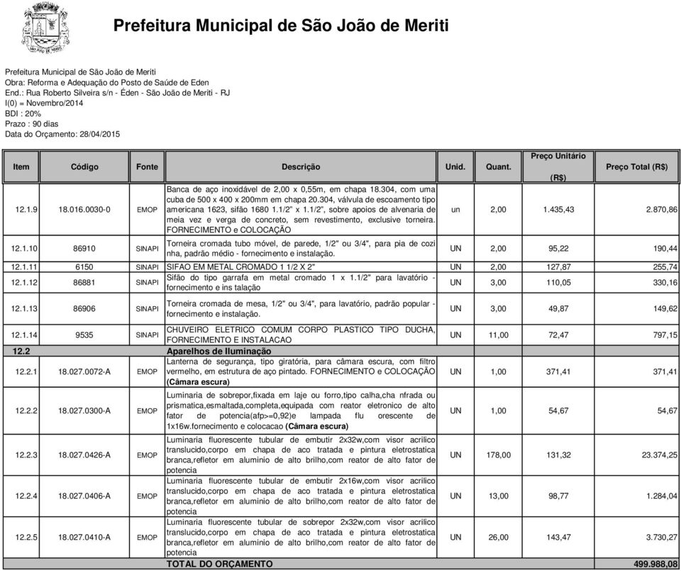 FORNECIMENTO e COLOCAÇÃO Torneira cromada tubo móvel, de parede, 1/2" ou 3/4", para pia de cozi nha, padrão médio - fornecimento e instalação. un 2,00 1.435,43 2.870,86 UN 2,00 95,22 190,44 12.1.11 6150 SINAPI SIFAO EM METAL CROMADO 1 1/2 X 2" UN 2,00 127,87 255,74 12.