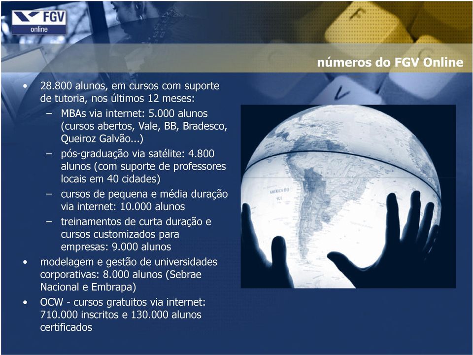 800 alunos (com suporte de professores locais em 40 cidades) cursos de pequena e média duração via internet: 10.