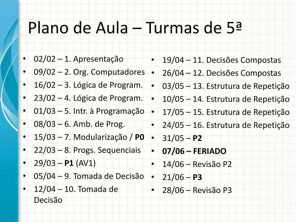 Tomada de Decisão 12/04 10. Tomada de Decisão 19/04 11. Decisões Compostas 26/04 12. Decisões Compostas 03/05 13.