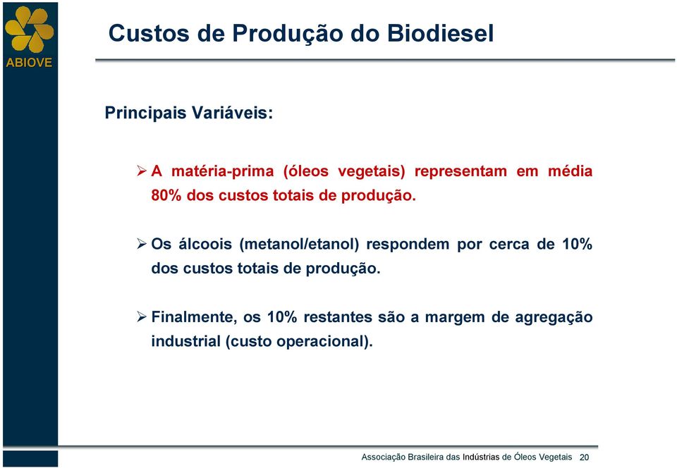 Os álcoois (metanol/etanol) respondem por cerca de 10% dos custos totais de produção.