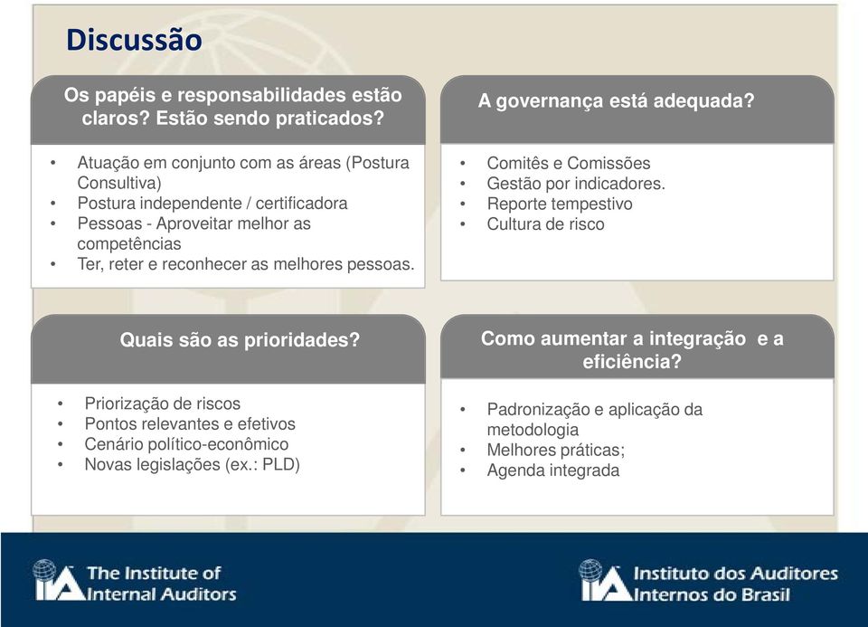 reconhecer as melhores pessoas. A governança está adequada? Comitês e Comissões Gestão por indicadores.