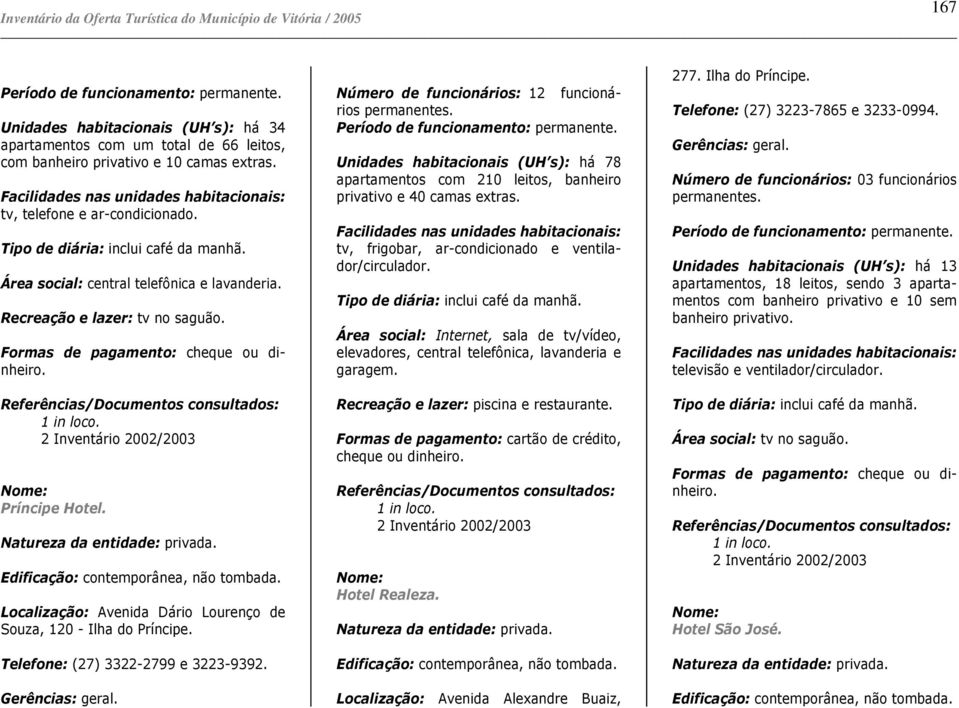 Formas de pagamento: 1 2 Inventário 2002/2003 Príncipe Hotel. Localização: Avenida Dário Lourenço de Souza, 120 - Ilha do Príncipe. Telefone: (27) 3322-2799 e 3223-9392.