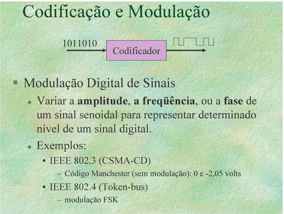 representar determinado nível de um sinal digital. Exemplos: IEEE 802.