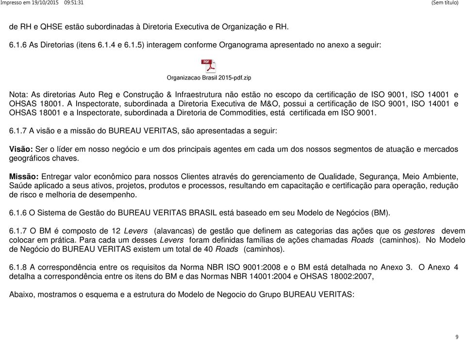 A Inspectorate, subordinada a Diretoria Executiva de M&O, possui a certificação de ISO 9001, ISO 14001 e OHSAS 18001 e a Inspectorate, subordinada a Diretoria de Commodities, está certificada em ISO