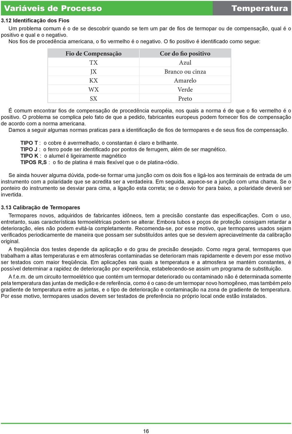 O fio positivo é identificado como segue: Fio de Compensação TX JX KX WX SX Cor do fio positivo Azul Branco ou cinza Amarelo Verde Preto É comum encontrar fios de compensação de procedência européia,