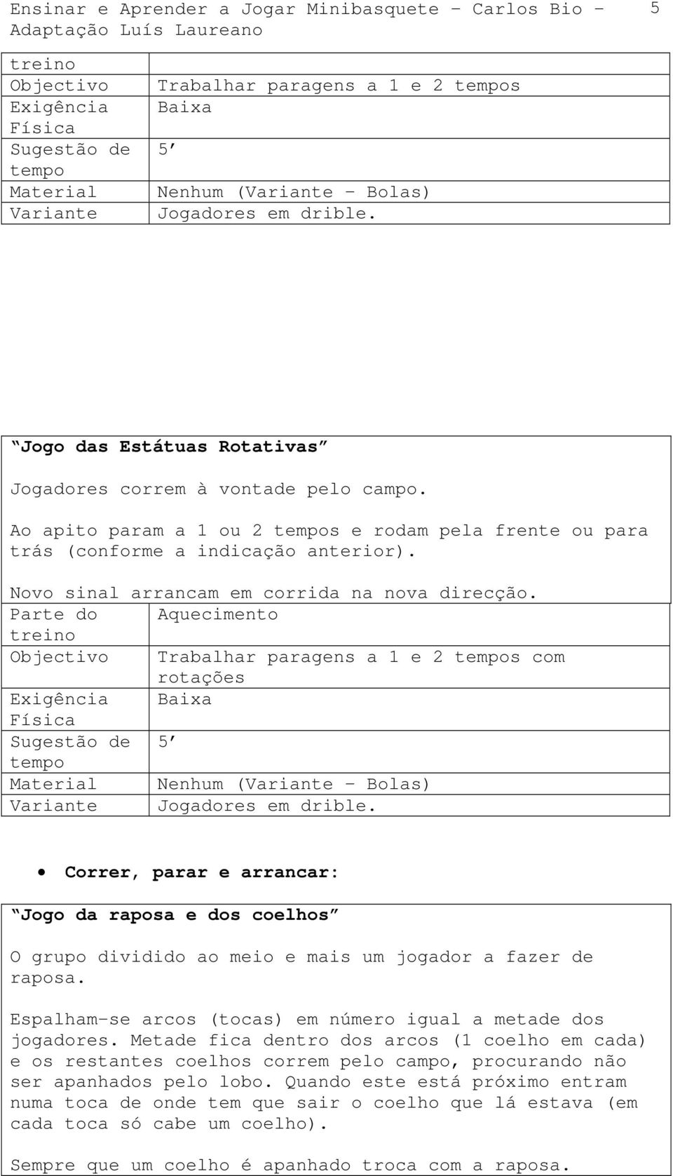 Aquecimento Trabalhar paragens a 1 e 2 s com rotações Baixa 5 Nenhum ( Bolas) Jogadores em drible.