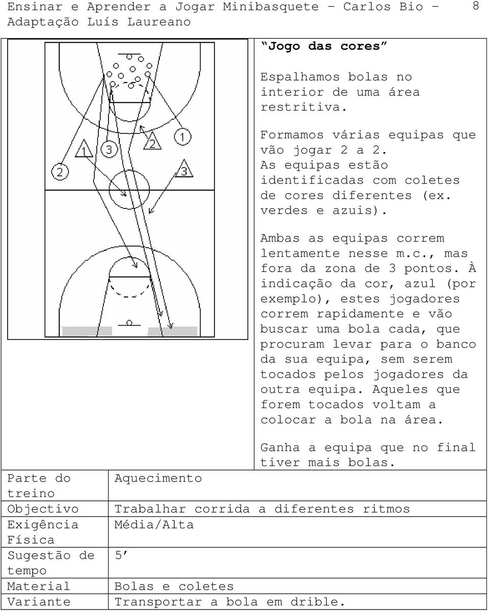 À indicação da cor, azul (por exemplo), estes jogadores correm rapidamente e vão buscar uma bola cada, que procuram levar para o banco da sua equipa, sem serem tocados