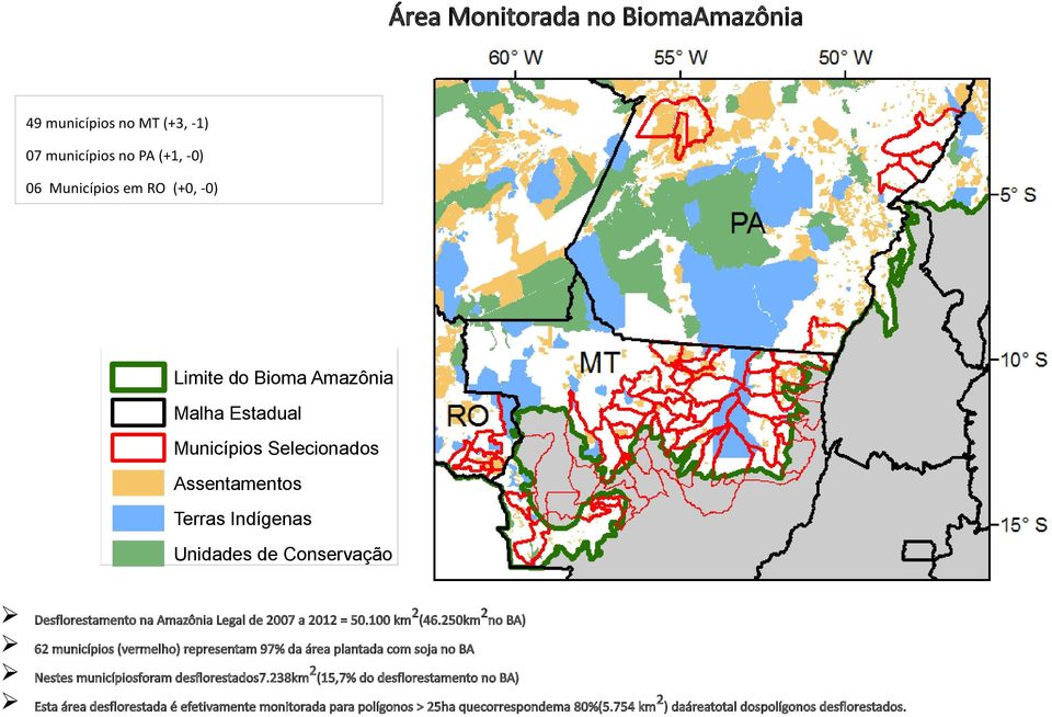 100 km (46.250km no BA) 62 municípios (vermelho) representam 97% da área plantada com soja no BA 2 Nestes municípiosforam desflorestados7.