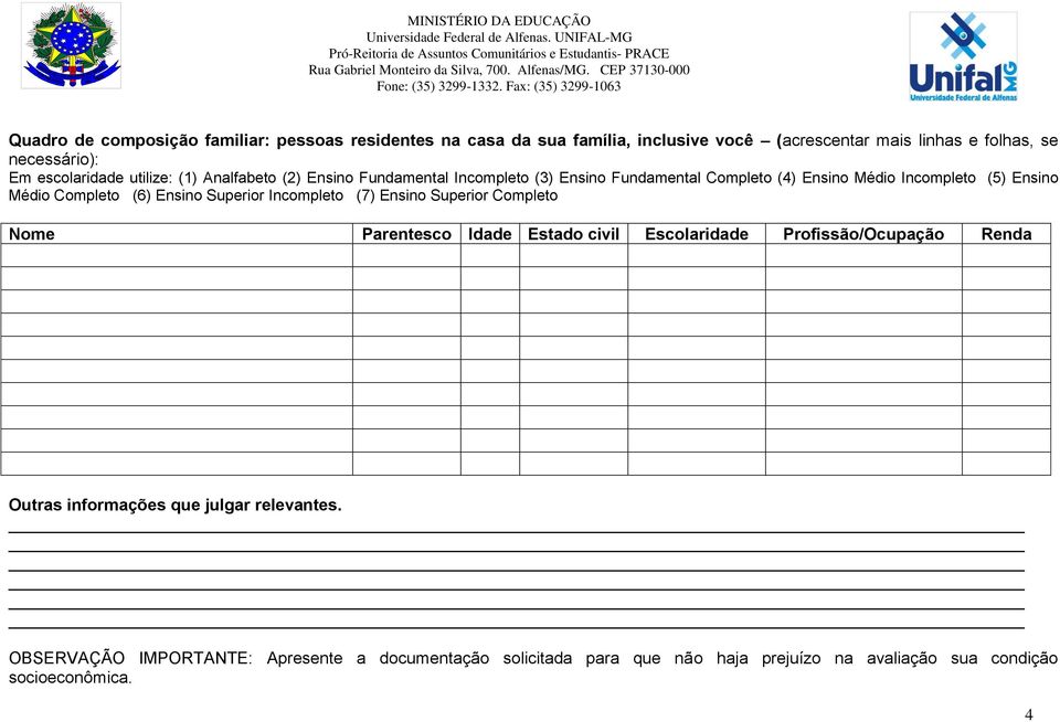 Completo (6) Ensino Superior Incompleto (7) Ensino Superior Completo Nome Parentesco Idade Estado civil Escolaridade Profissão/Ocupação Renda Outras