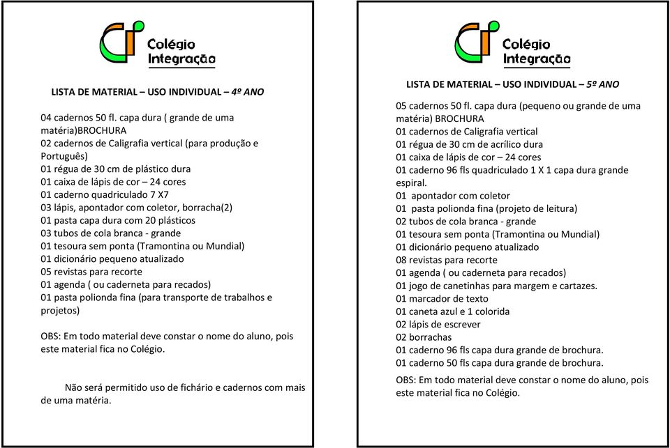 coletor, borracha(2) 01 pasta capa dura com 20 plásticos 01 pasta polionda fina (para transporte de trabalhos e projetos). Não será permitido uso de fichário e cadernos com mais de uma matéria.