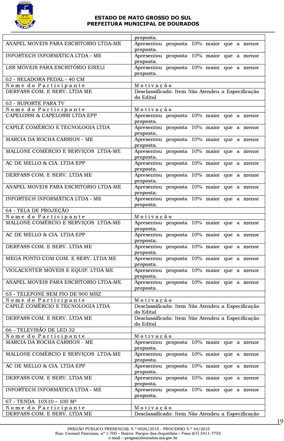 LTDA EPP ANAPEL MOVEIS PARA ESCRITORIO LTDA-ME INFORTECH INFORMÁTICA LTDA - ME 64 - TELA DE PROJEÇÃO MALLONE COMÉRCIO E SERVIÇOS LTDA-ME AC DE MELLO & CIA. LTDA EPP MEGA PONTO COM COM. E SERV. LTDA ME VIOLACENTER MÓVEIS E EQUIP.