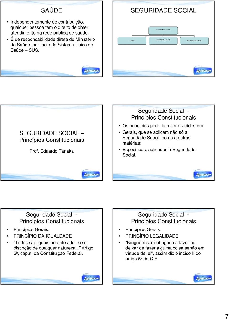 Eduardo Tanaka Seguridade Social - Princípios Constitucionais Os princípios poderiam ser divididos em: Gerais, que se aplicam não só à Seguridade Social, como a outras matérias;, aplicados à