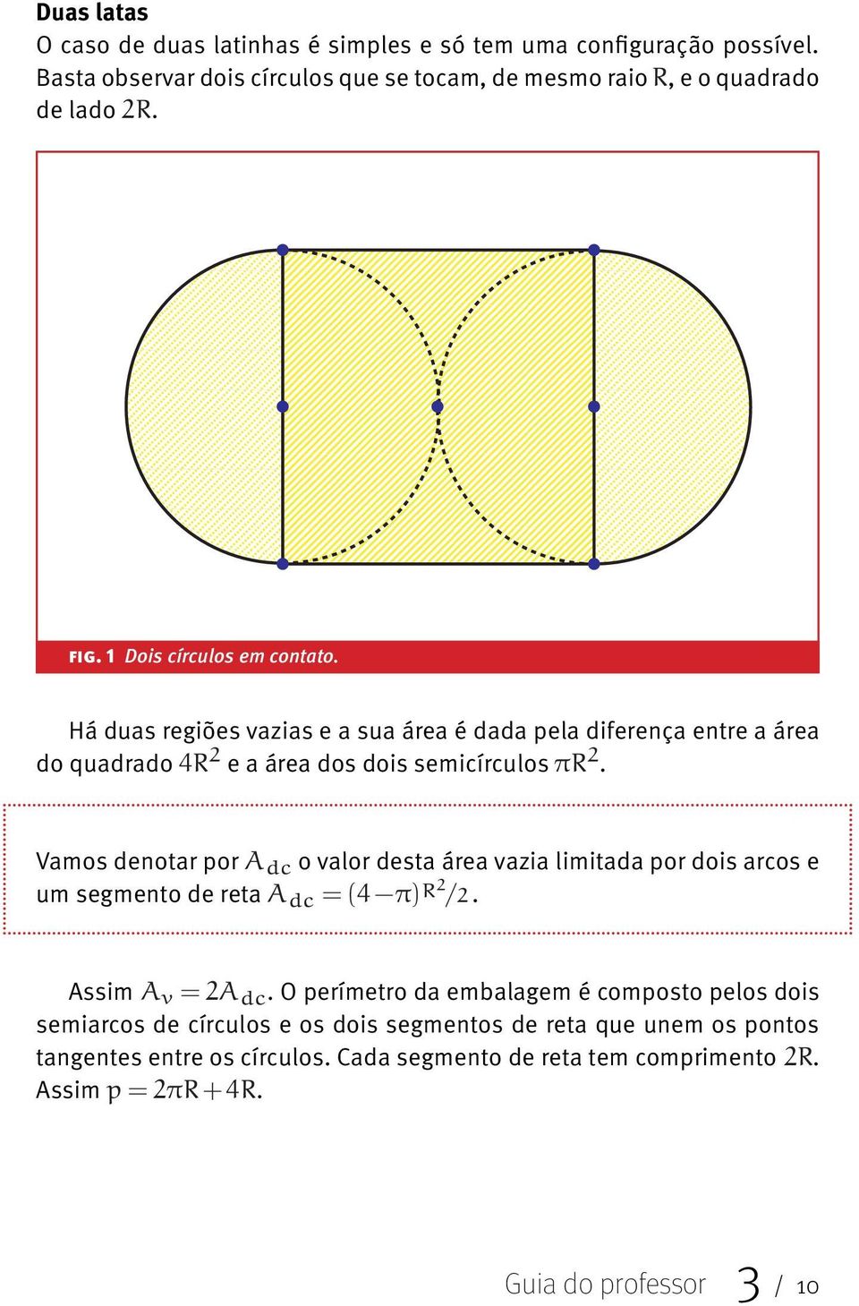 Há duas regiões vazias e a sua área é dada pela diferença entre a área do quadrado e a área dos dois semicírculos.