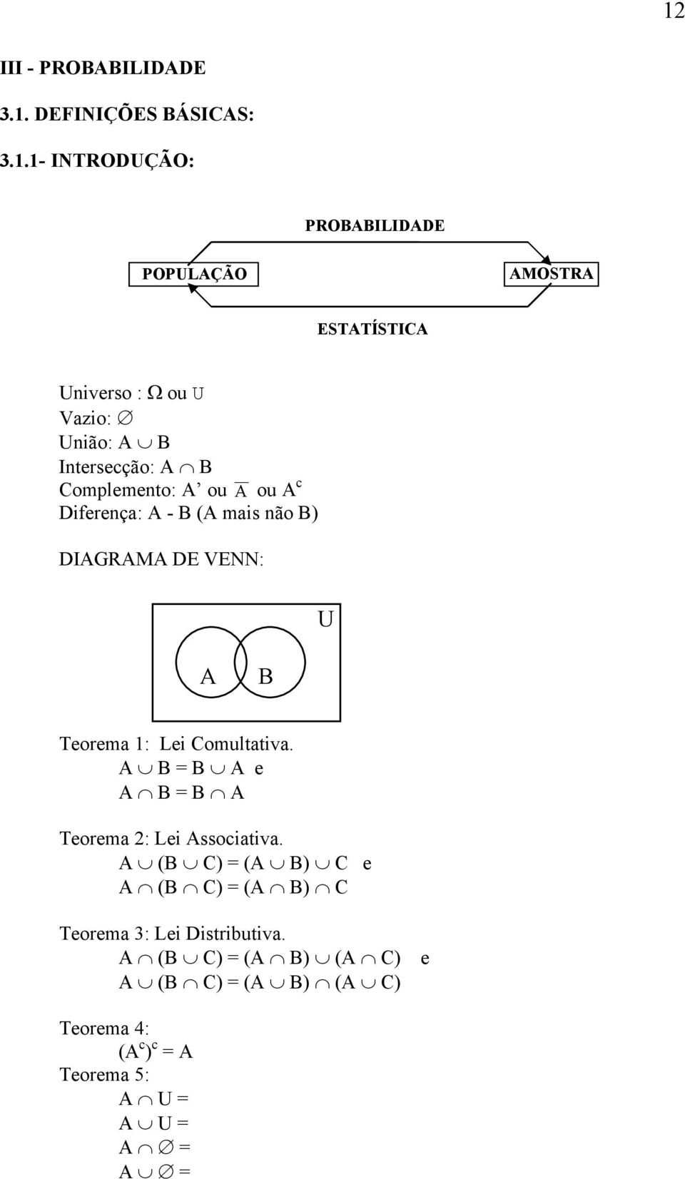 Complemeto: A ou Α ou A c Dfereça: A - B (A mas ão B) DIAGRAMA DE VENN: U A B Teorema : Le Comultatva.