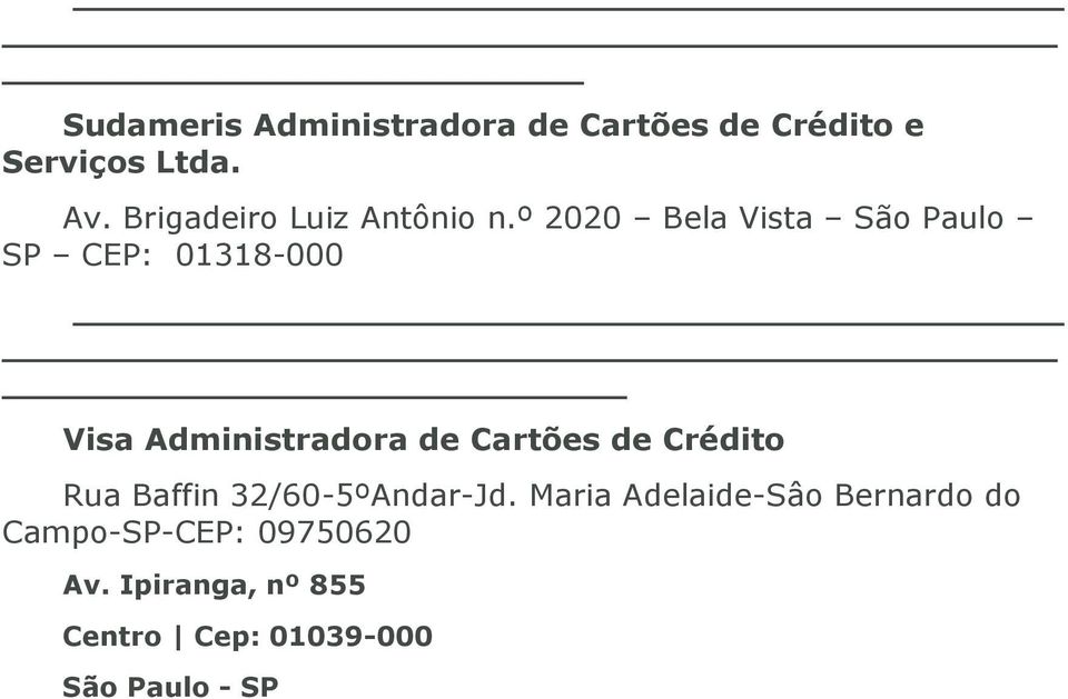 º 2020 Bela Vista São Paulo SP CEP: 01318-000 _ Visa Administradora de Cartões