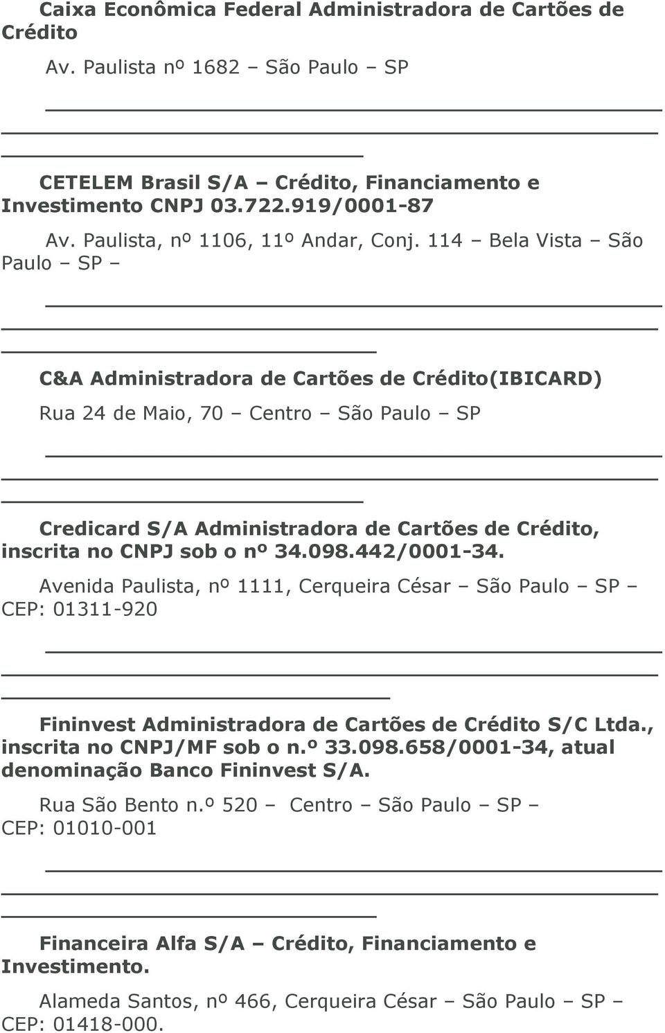 114 Bela Vista São Paulo SP C&A Administradora de Cartões de Crédito(IBICARD) Rua 24 de Maio, 70 Centro São Paulo SP Credicard S/A Administradora de Cartões de Crédito, inscrita no CNPJ sob o nº 34.