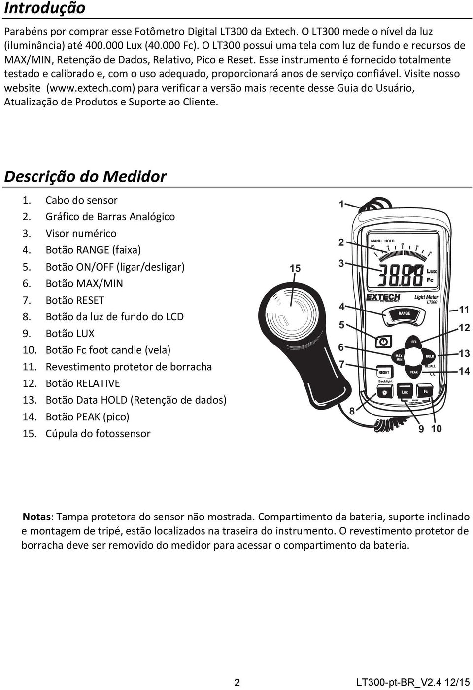 Esse instrumento é fornecido totalmente testado e calibrado e, com o uso adequado, proporcionará anos de serviço confiável. Visite nosso website (www.extech.