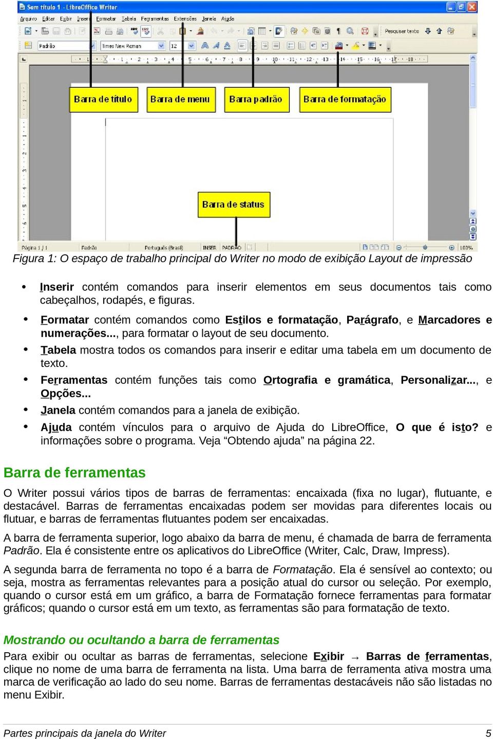 Tabela mostra todos os comandos para inserir e editar uma tabela em um documento de texto. Ferramentas contém funções tais como Ortografia e gramática, Personalizar..., e Opções.