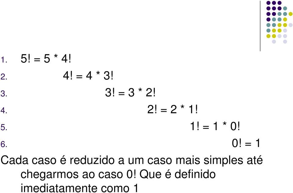 6. 0! = 1 Cada caso é reduzido a um caso mais