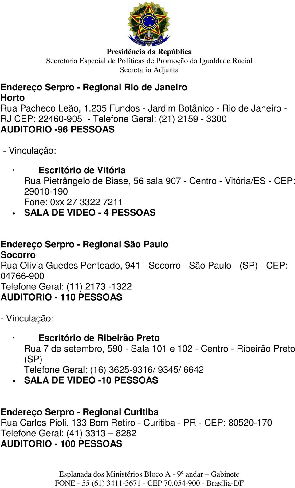 Centro - Vitória/ES - CEP: 29010-190 Fone: 0xx 27 3322 7211 SALA DE VIDEO - 4 PESSOAS Endereço Serpro - Regional São Paulo Socorro Rua Olívia Guedes Penteado, 941 - Socorro - São Paulo - (SP) - CEP: