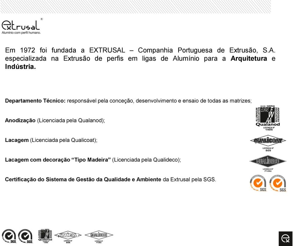 pela Qualanod); Lacagem (Licenciada pela Qualicoat); Lacagem com decoração Tipo Madeira (Licenciada pela Qualideco);