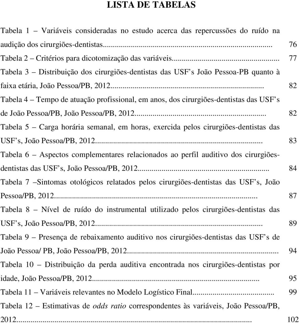 .. 82 Tabela 4 Tempo de atuação profissional, em anos, dos cirurgiões-dentistas das USF s de João Pessoa/PB, João Pessoa/PB, 2012.