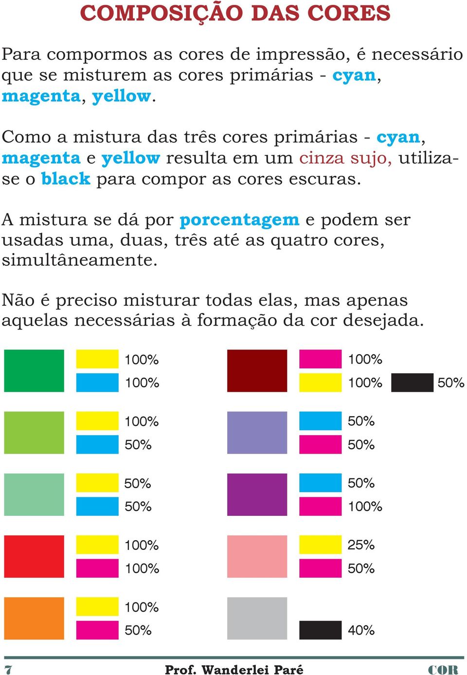 A mistura se dá por porcentagem e podem ser usadas uma, duas, três até as quatro cores, simultâneamente.