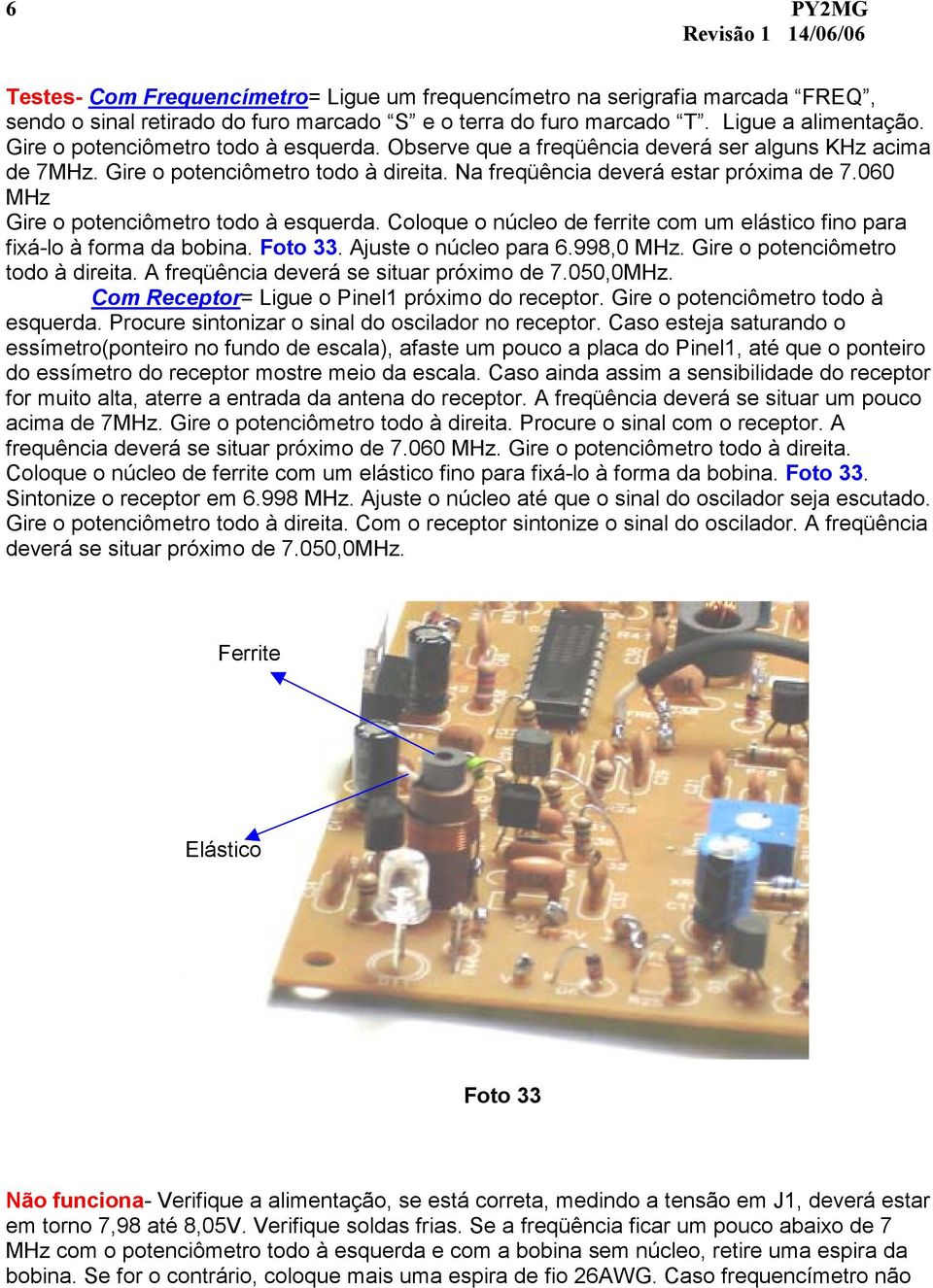 060 MHz Gire o potenciômetro todo à esquerda. Coloque o núcleo de ferrite com um elástico fino para fixá-lo à forma da bobina. Foto 33. Ajuste o núcleo para 6.998,0 MHz.