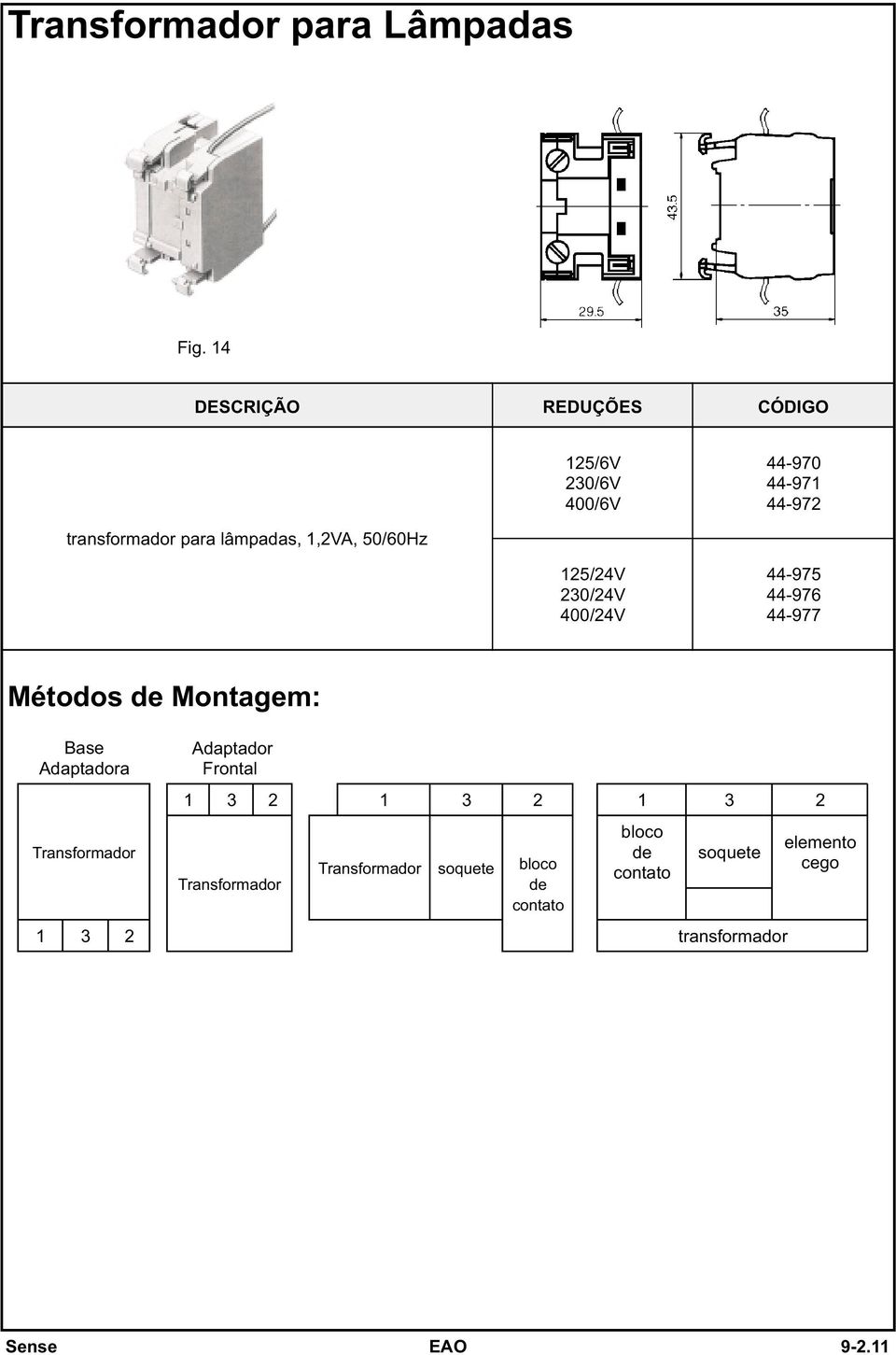 1,2VA, 50/60Hz 125/24V 230/24V 400/24V 44975 44976 44977 Métodos de Montagem: Base Adaptadora