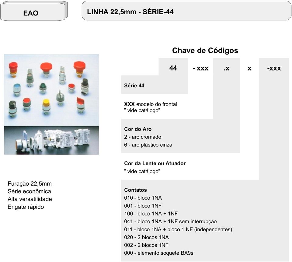 Atuador vide catálogo Furação 22,5mm Série econômica Alta versatilidade Engate rápido Contatos 010 bloco 1NA