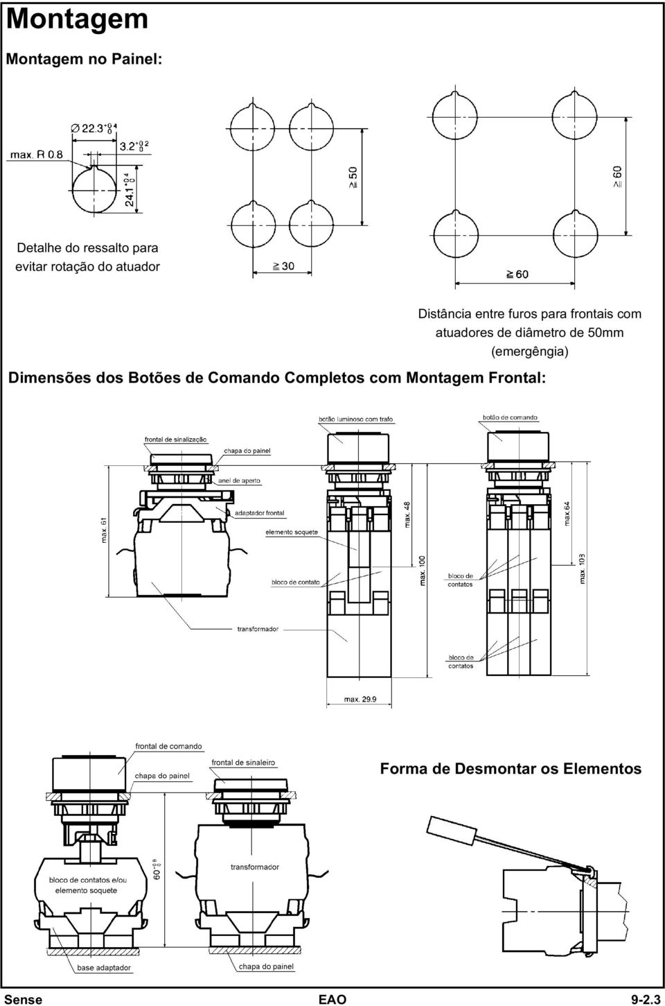 diâmetro de 50mm (emergêngia) Dimensões dos Botões de Comando