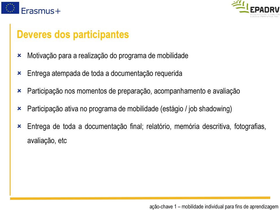 acompanhamento e avaliação Participação ativa no programa de mobilidade (estágio / job