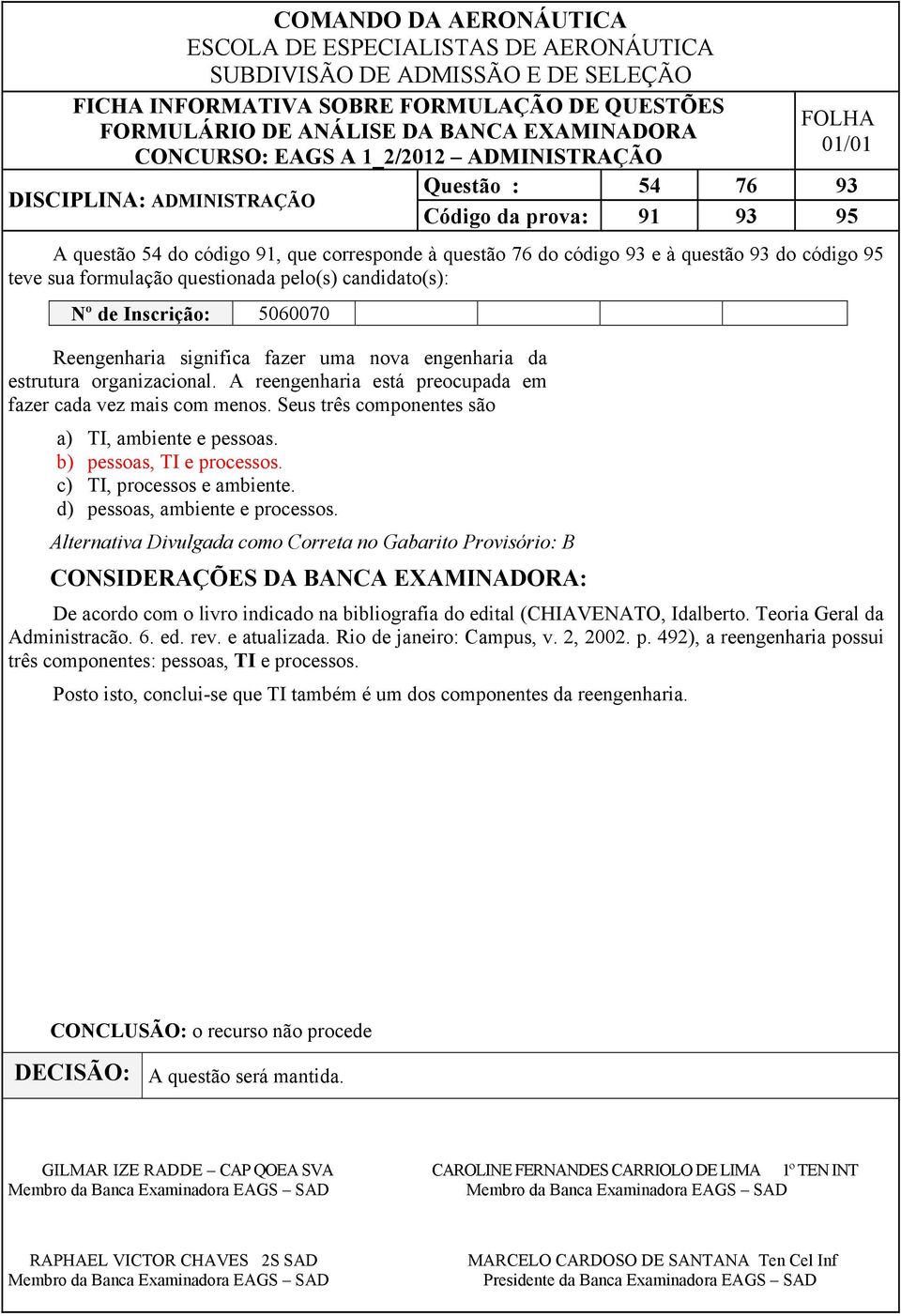 d) pessoas, ambiente e processos. Alternativa Divulgada como Correta no Gabarito Provisório: B De acordo com o livro indicado na bibliografia do edital (CHIAVENATO, Idalberto.