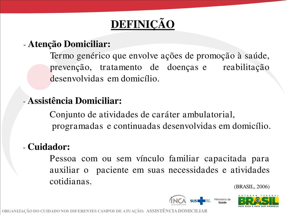 - Assistência Domiciliar: Conjunto de atividades de caráter ambulatorial, programadas e continuadas desenvolvidas em domicílio.