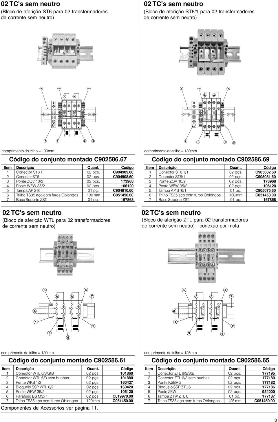 00 02 TC's sem neutro (Bloco de aferição WTL para 02 transformadores comprimento do trilho = 130mm do conjunto montado C902586.69 1 Conector ST6 T/1 02 pçs. C905082.60 2 Conector ST6/1 02 pçs.